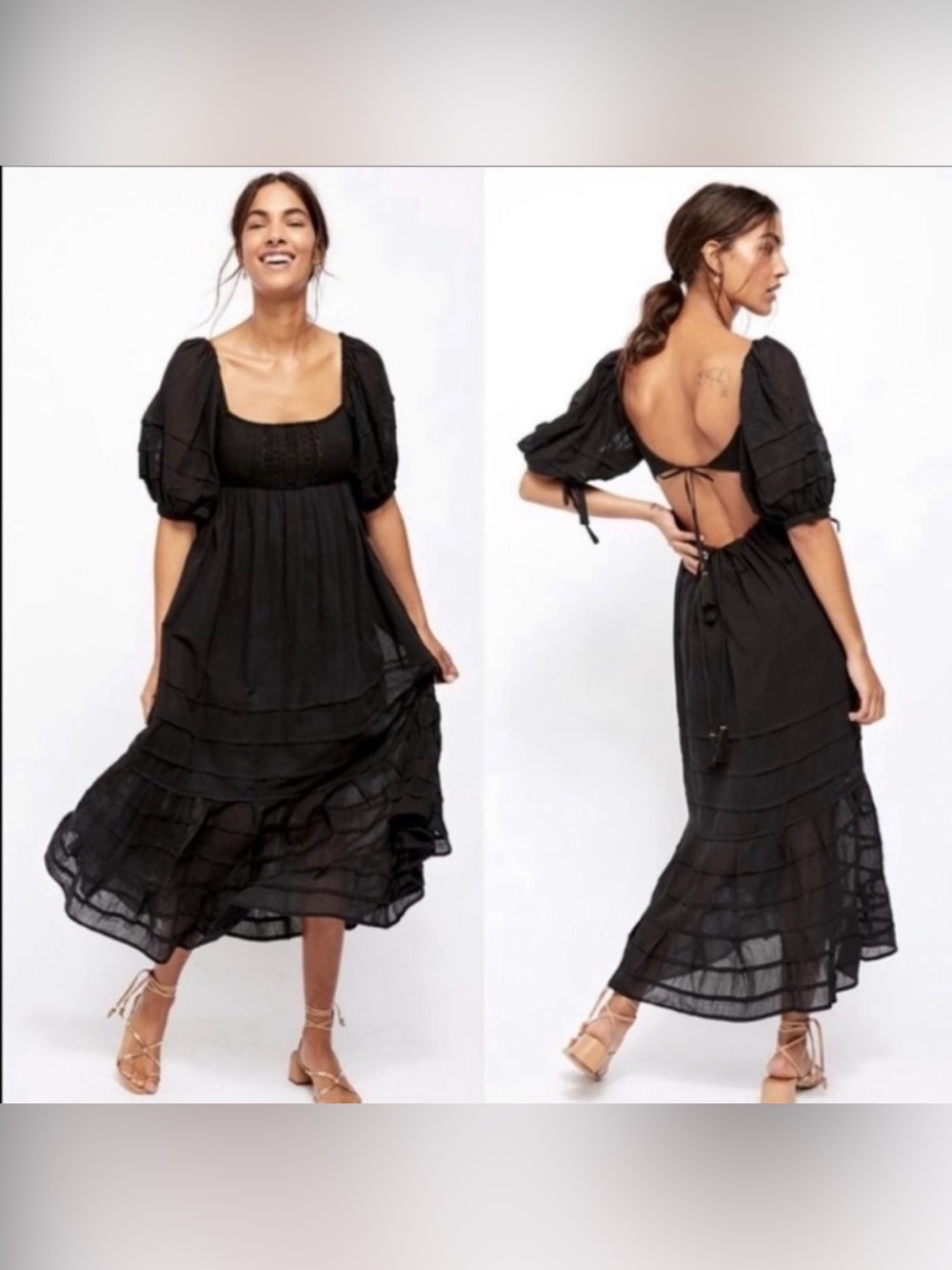 Free People Let’s Be Friends Midi Dress Women's Black Puff Sleeve Open Back S/P